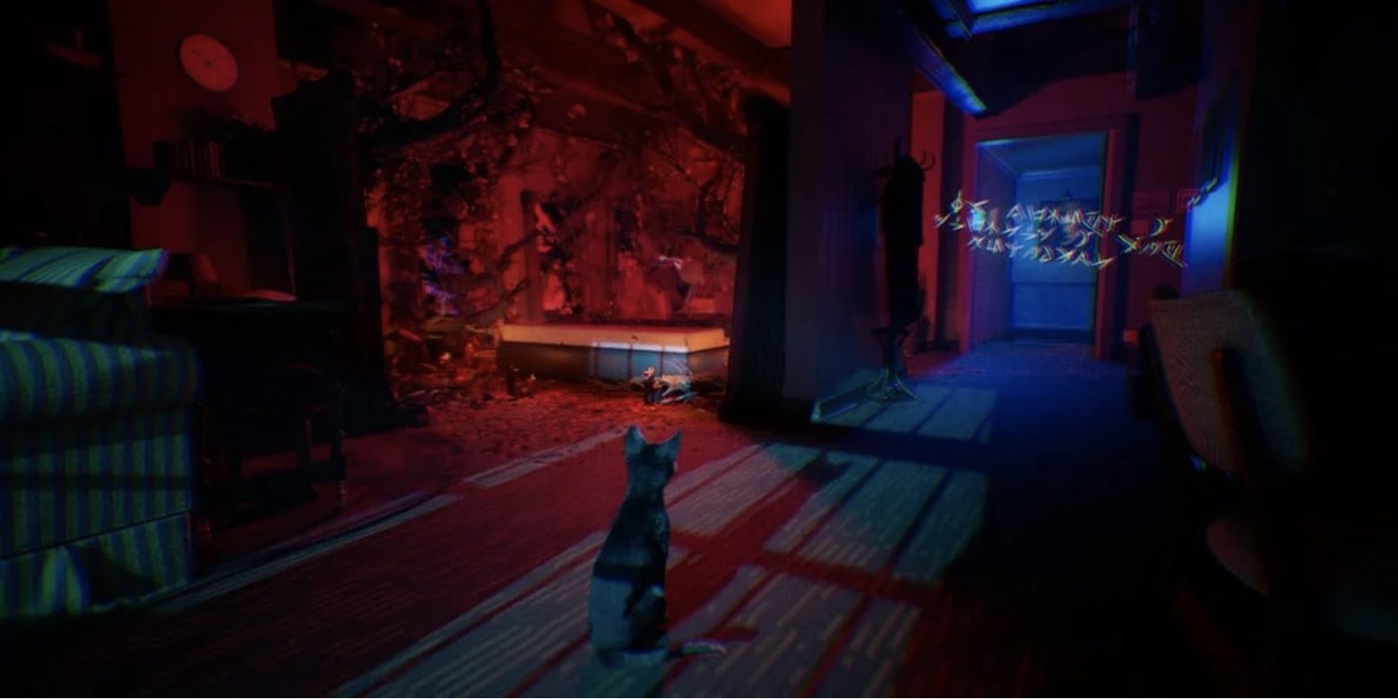 Aaron in cat form in the hotel, facing a doorway amid red and blue supernatural effects.