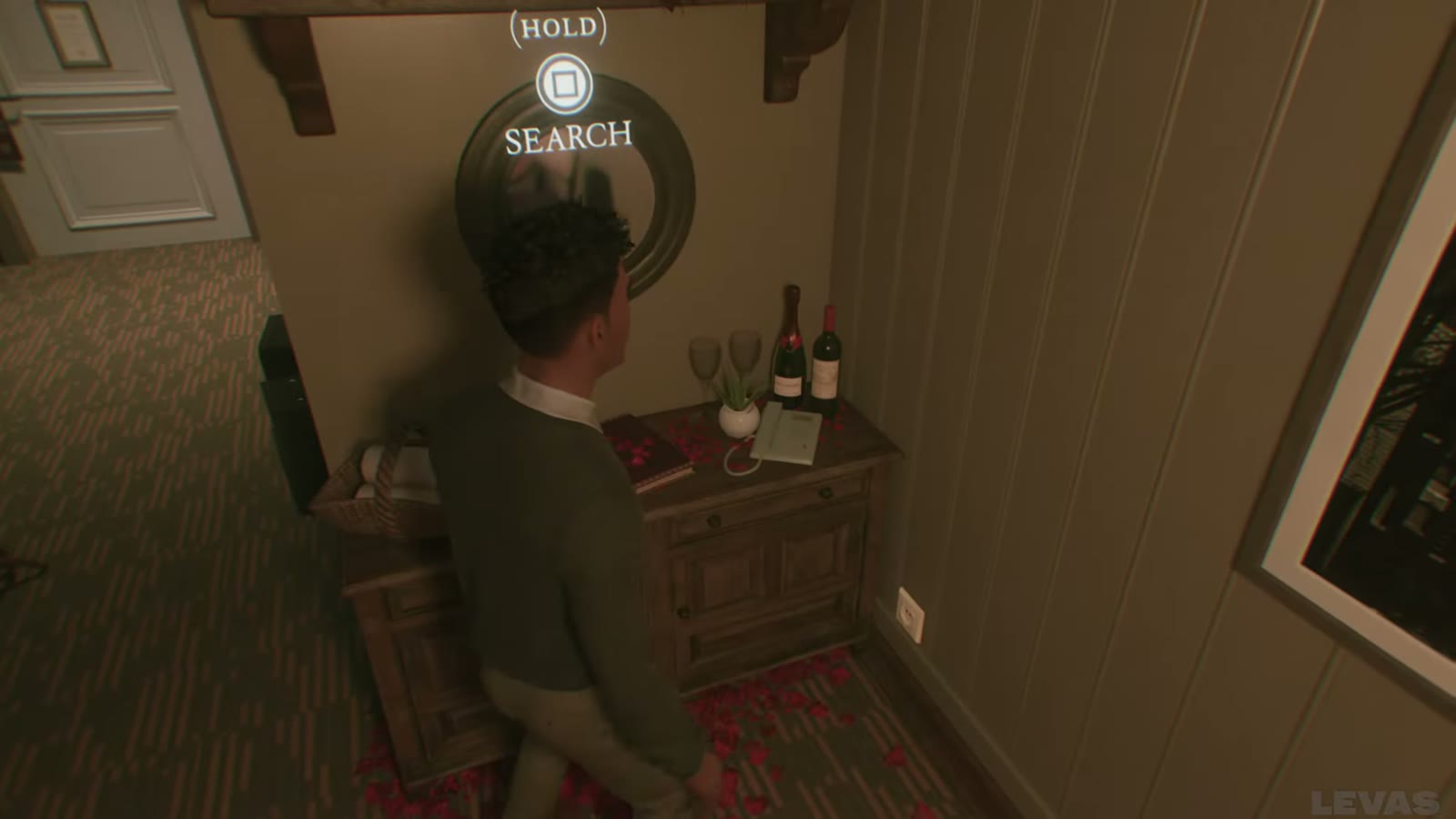 Hold Search prompt at the shelf above the round mirror and cabinet.