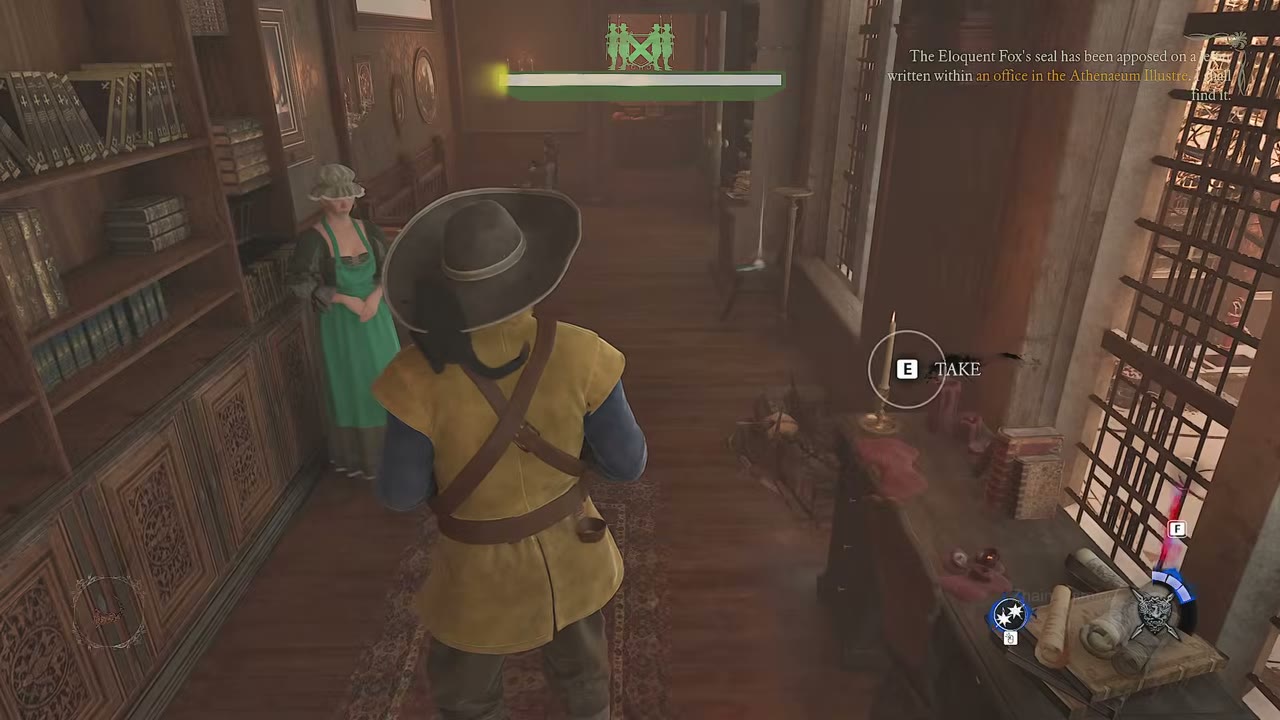 Take prompt on the cloth-covered desk beside the office windows, with a guard and a woman in green.