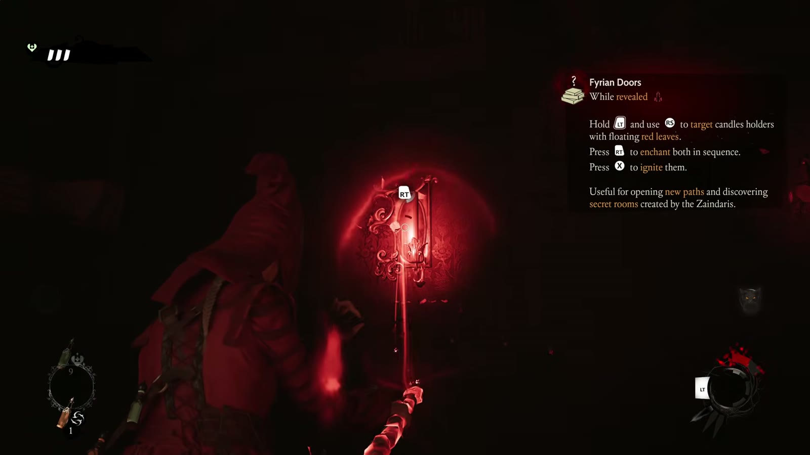 Noa targeting a candle holder while the Fyrian Doors tutorial explains enchanting both holders and igniting them.