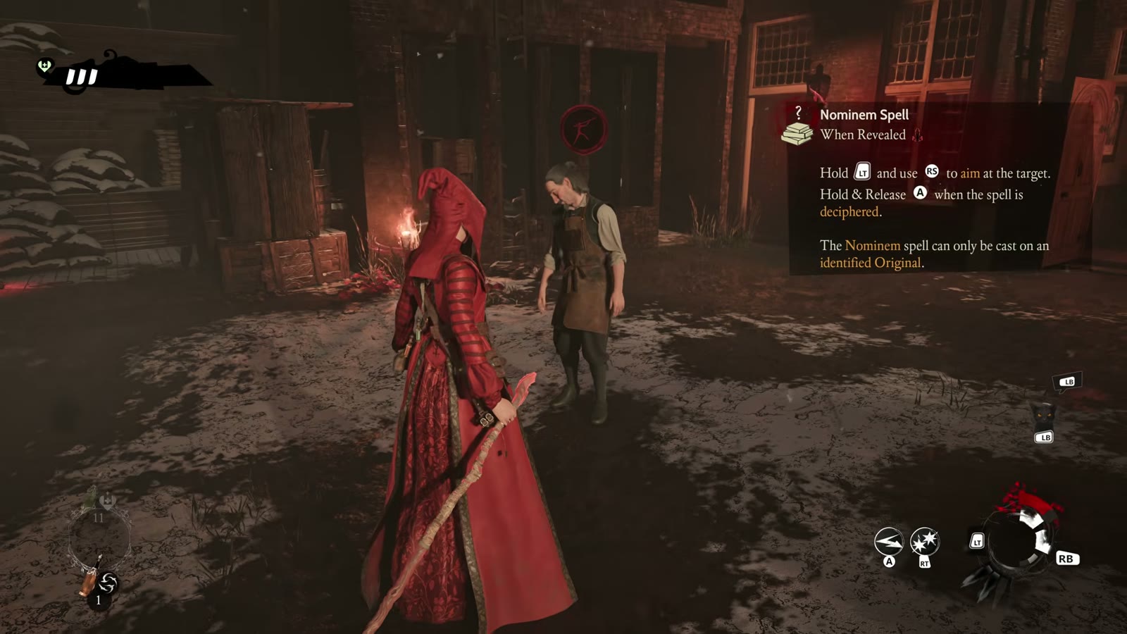 Noa facing Elzevir in the courtyard with the Nominem spell tutorial visible.