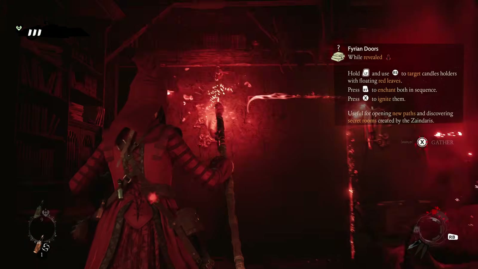 Opened Fyrian Door with a Gather prompt on the book in the hidden room.