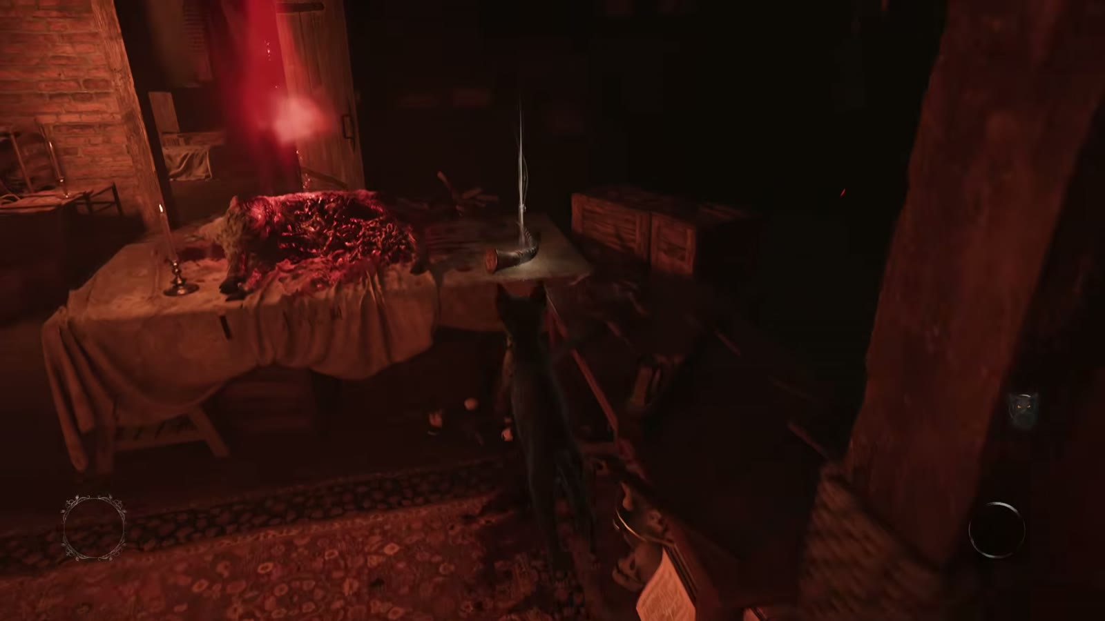 Aaron approaching the red-glowing seal interaction on a table beside the window and book stand.