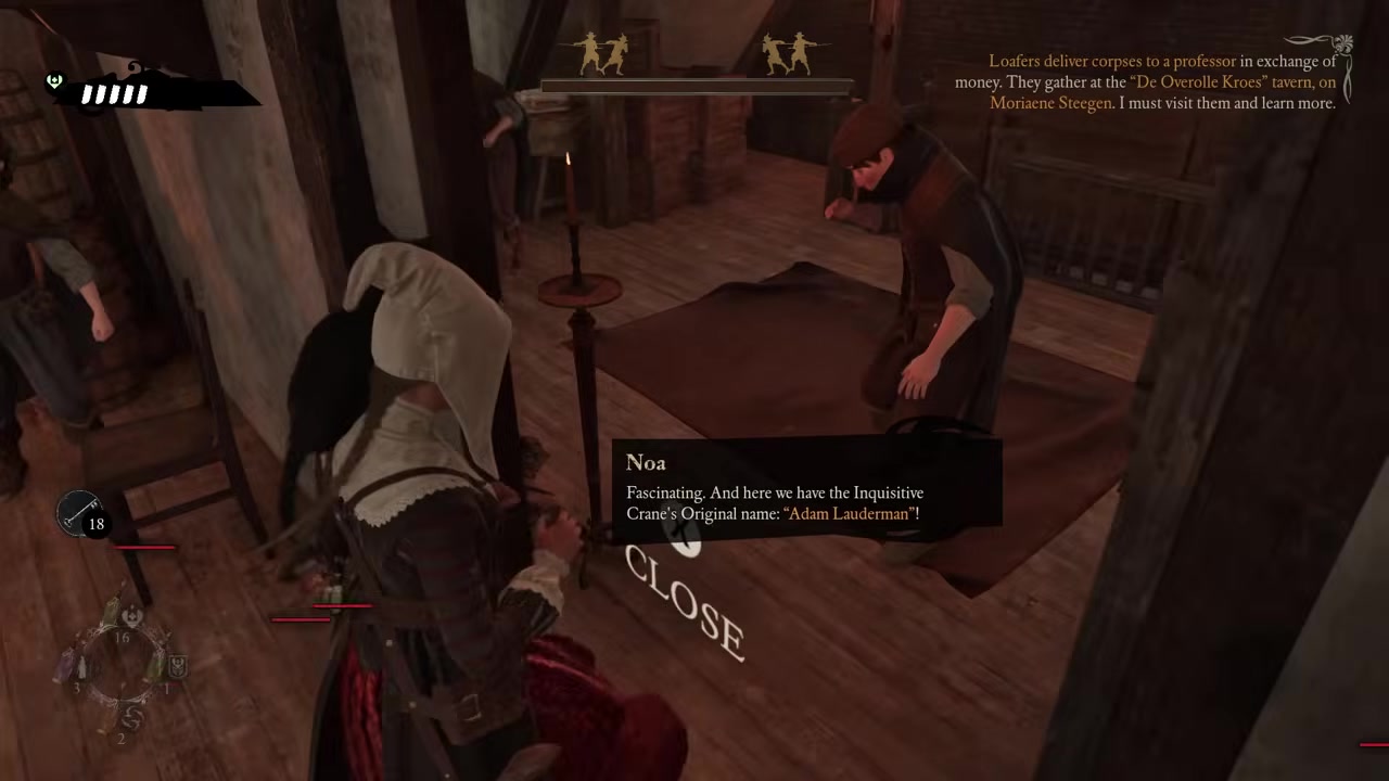 Noa’s dialogue explicitly identifies the Inquisitive Crane’s original name as Adam Lauderman.