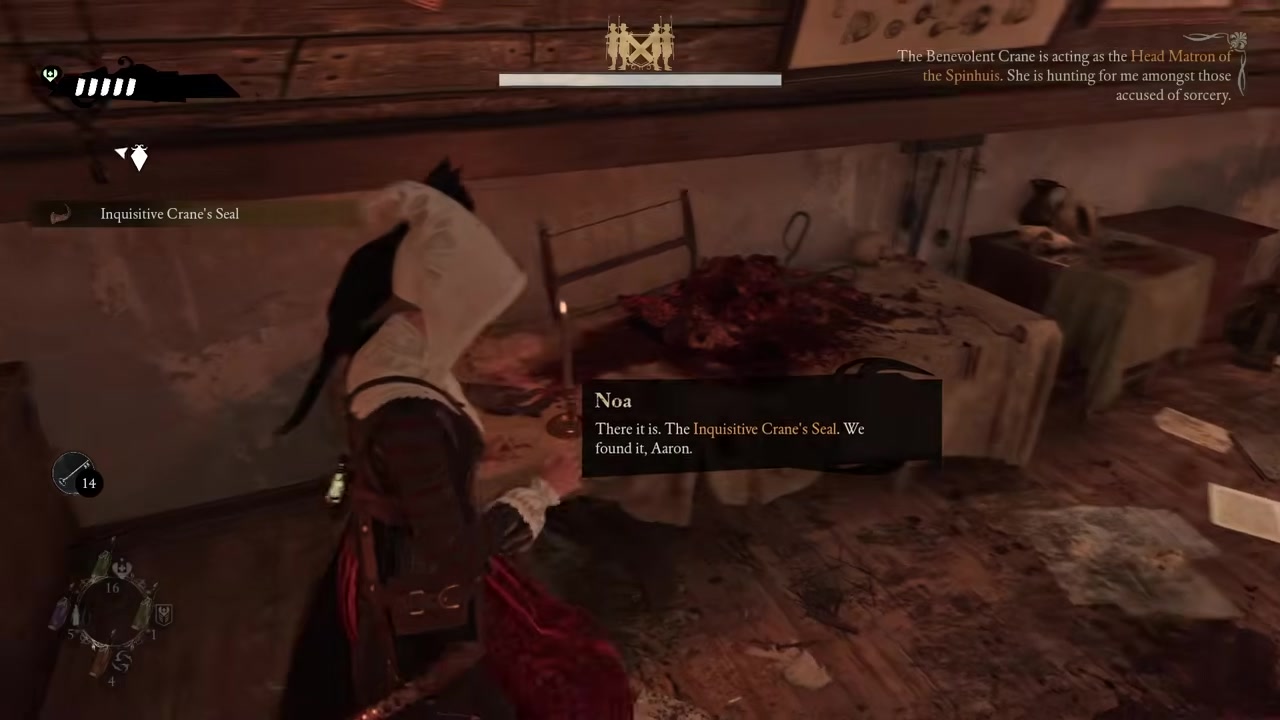 The Inquisitive Crane’s Seal item notification and Noa’s confirmation in the attic.