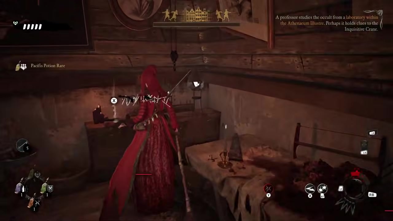 Noa facing a special interaction beside candles on a low cabinet next to a bloodied operating surface.