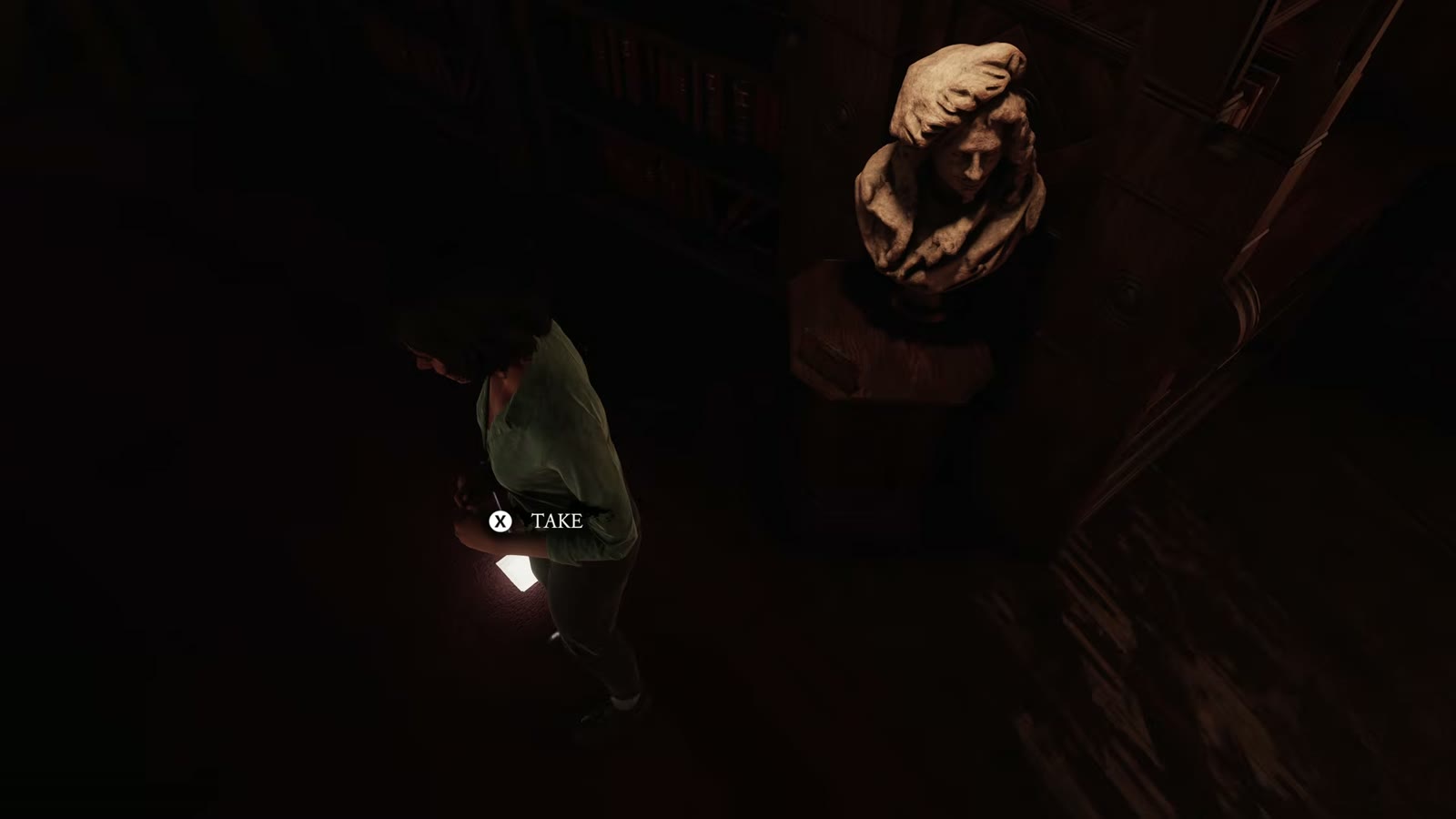 A Take prompt on the Hidden Note on the floor beside the moved Rembrandt bust.