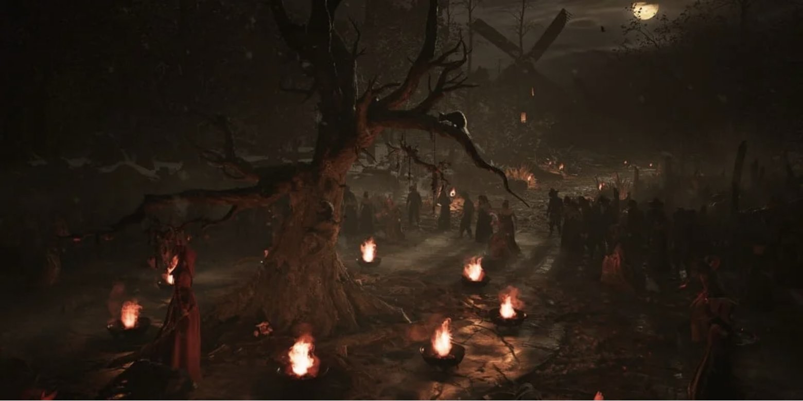 A torch-lit woodland clearing with a large tree and figures gathered for Noa’s ceremony.